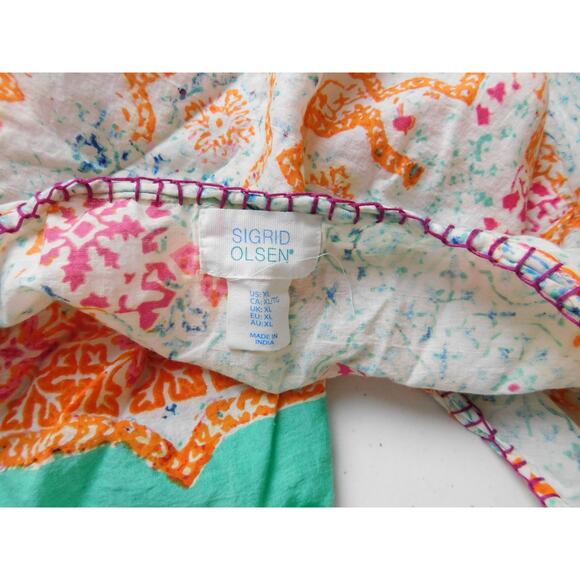 Sigrid Olsen Shirt XL Long Sleeve White Orange Paisley Round Neck Babydoll Boho - Picture 6 of 8